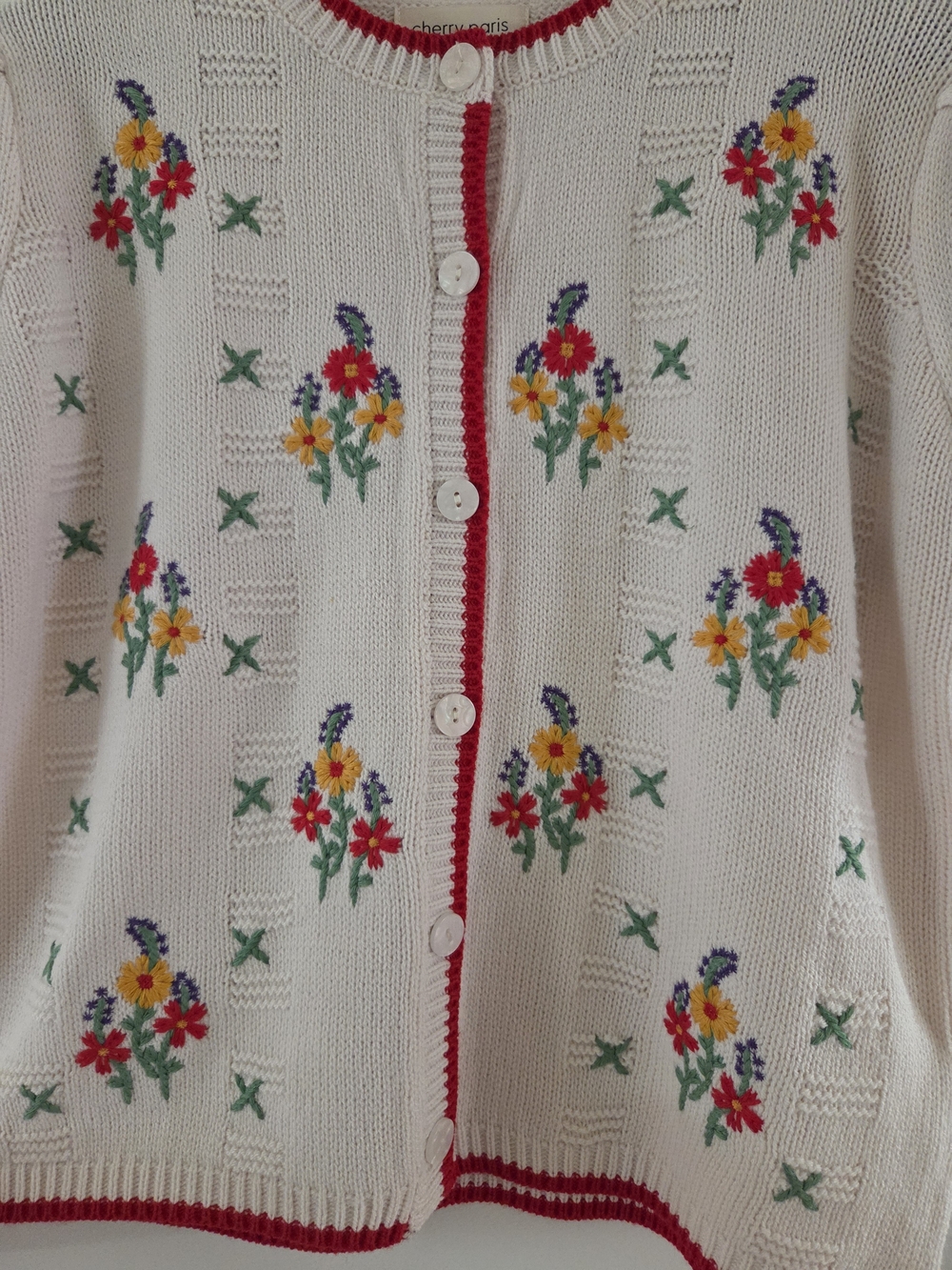 Cream Short-Sleeve Floral Embroidered Cardigan - Picture 6 of 7